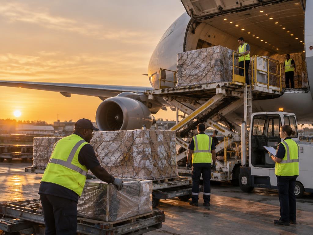 Airport ground crew loading cargo pallets into a freight aircraft