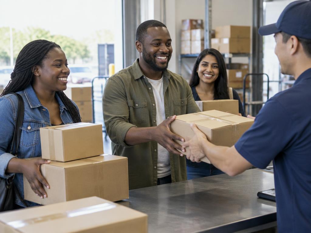 Customers collecting shipping boxes at a cargo pickup counter