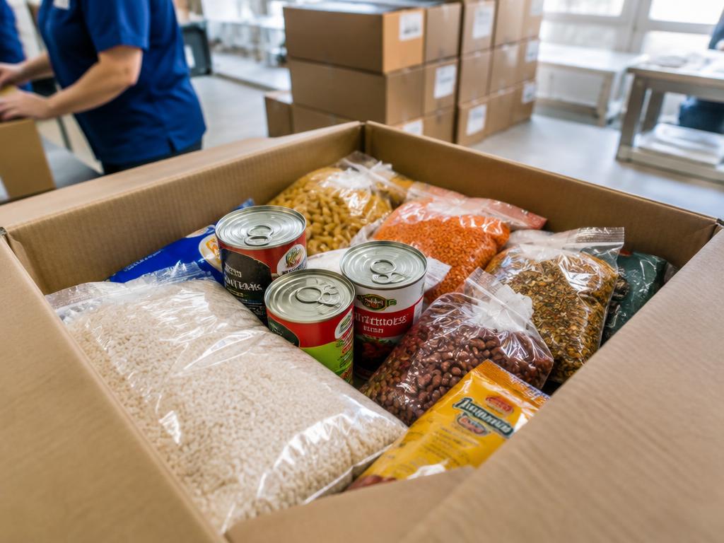 Box of packaged groceries and canned foods prepared for shipping