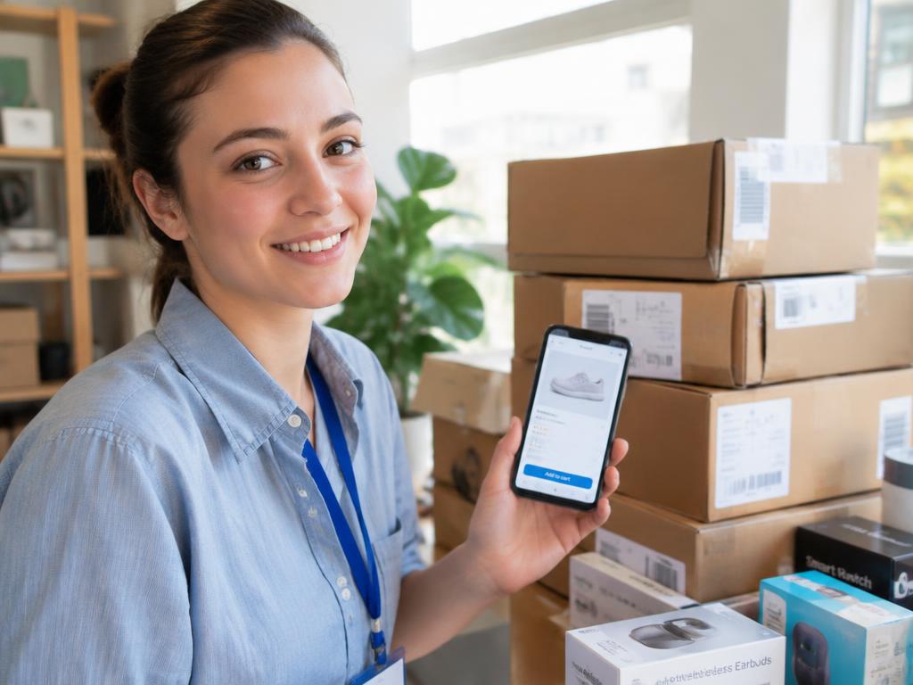 Personal shopper with a phone and a stack of parcels