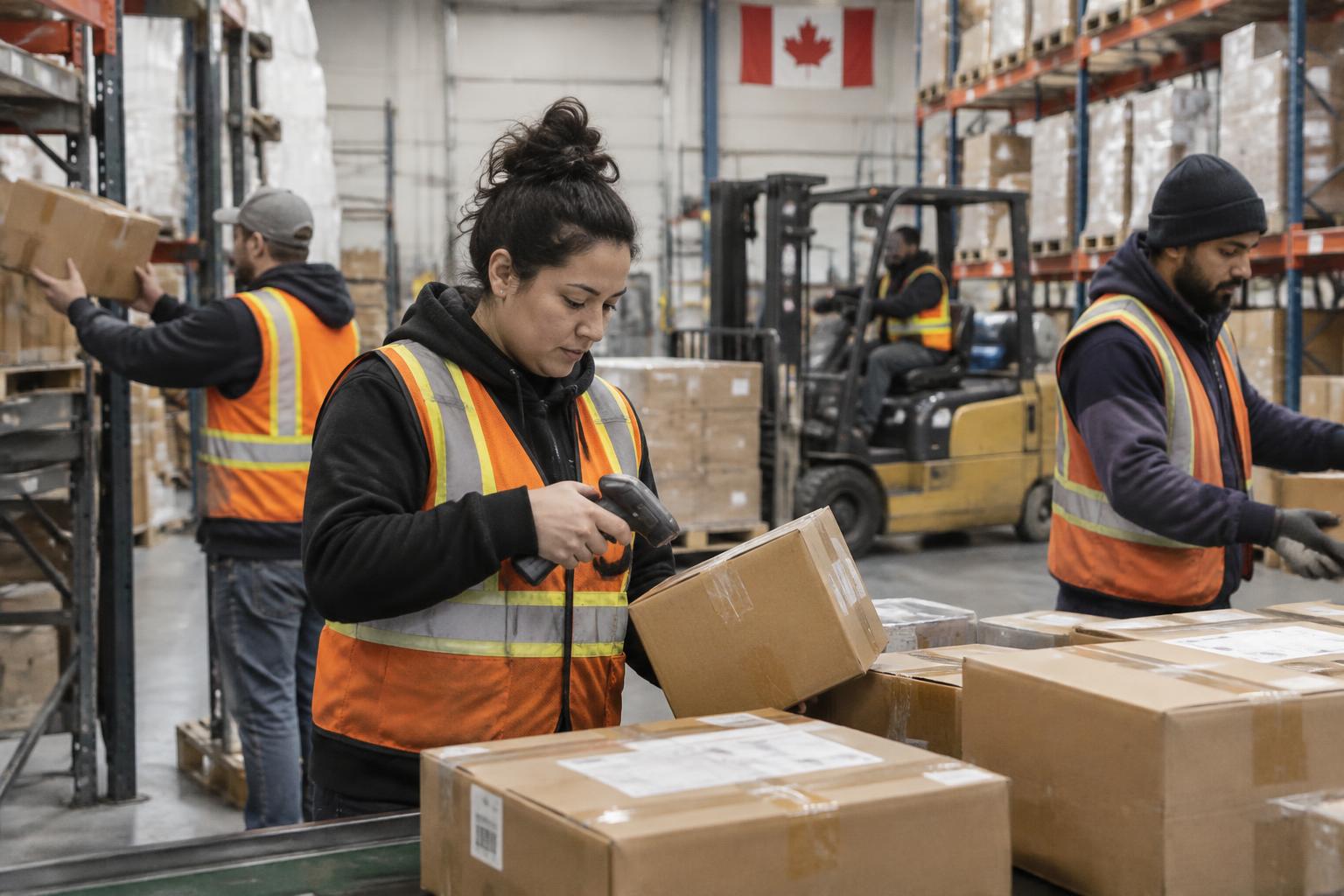 Logistics team scanning and sorting customer parcels in a Canadian warehouse